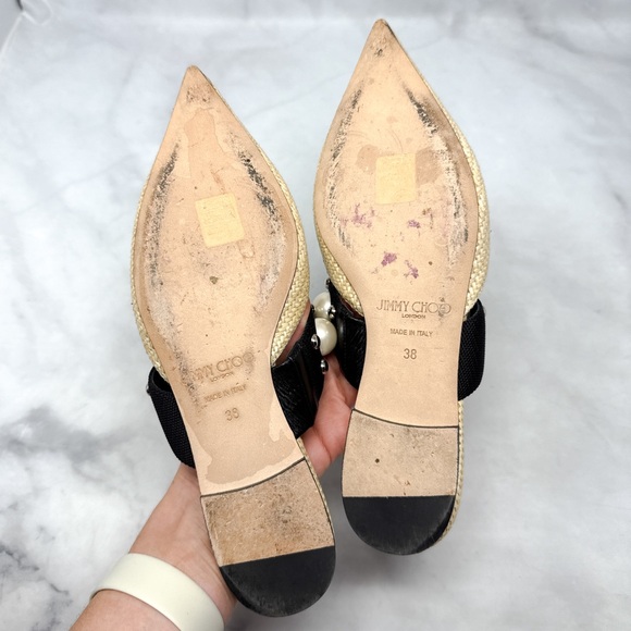 Jimmy Choo Basette Pearl Embellished Raffia Pointed Toe Slide Mule Flat Shoes 38 - Picture 12 of 16